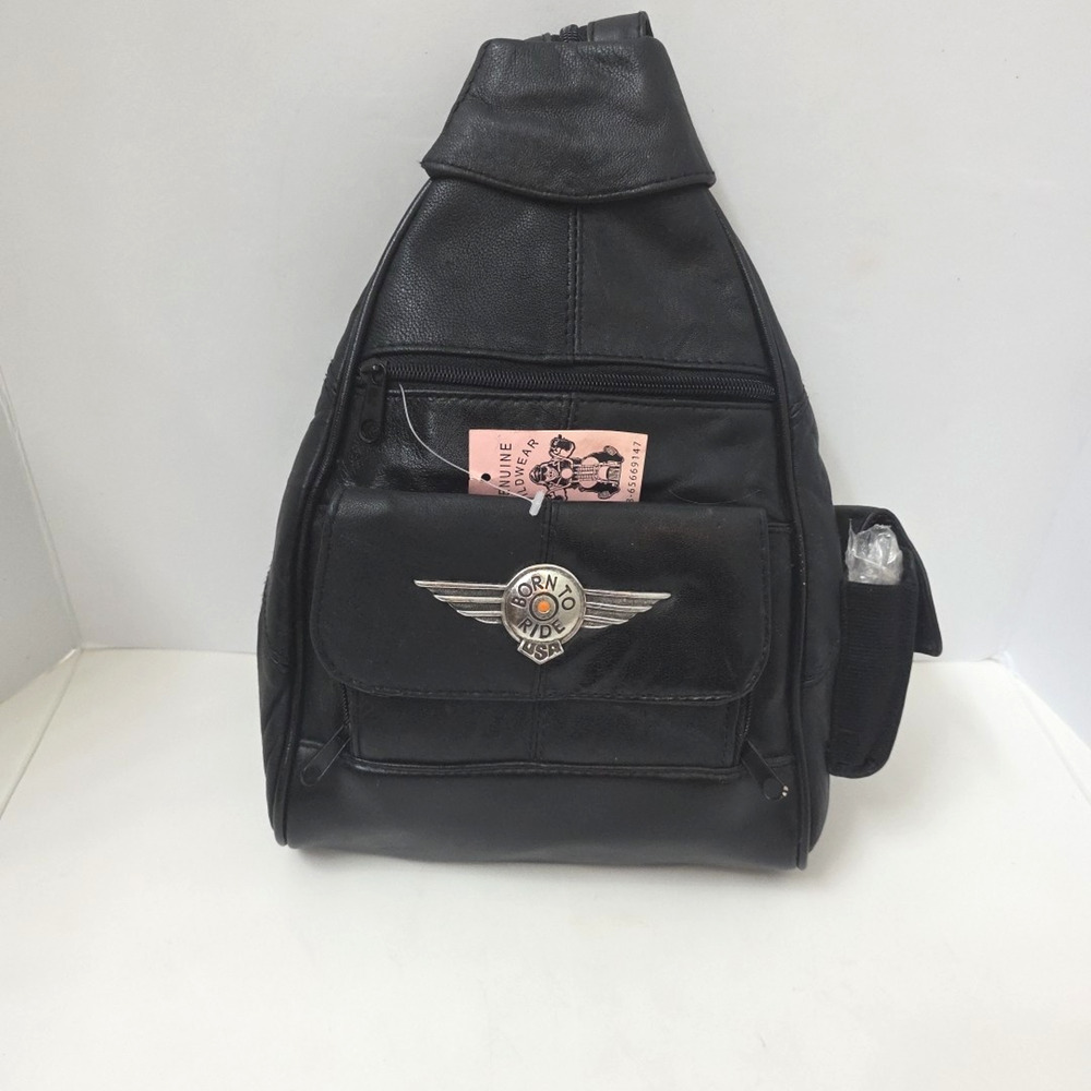 Genuine Wildwear Leather Sling Backpack Black Born to Ride Motorcycle Bag NWT